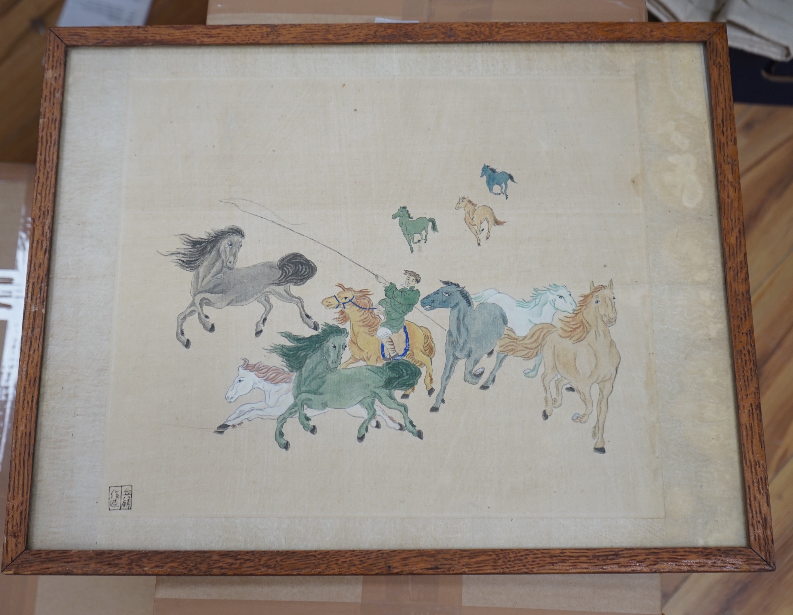 Chinese School, print and watercolour on silk, Horses and rider, 30 x 35cm